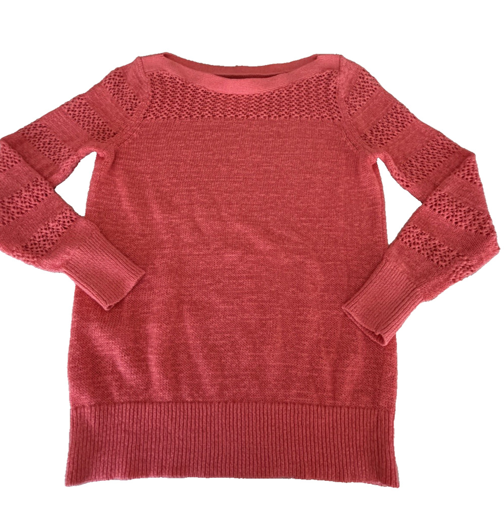 LOFT Women Coral Orange Boat Neck Open Knit Pullover Sweater Woman Size XS